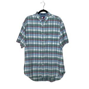 Tommy Hilfiger blue green plaid short sleeves button men shirts size L